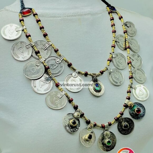 Multi-Strand Coins Necklace, Vintage Coins Necklace With Beaded Chain - Picture 7 of 9
